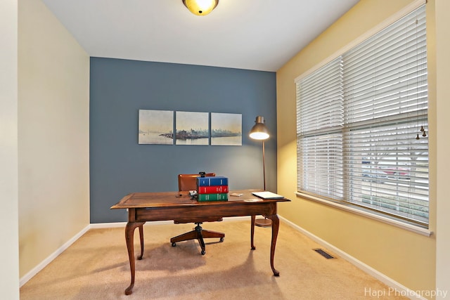 office area featuring light colored carpet