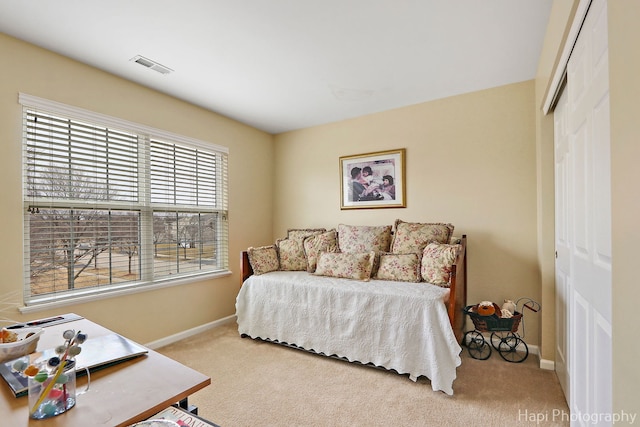 bedroom with carpet flooring and a closet