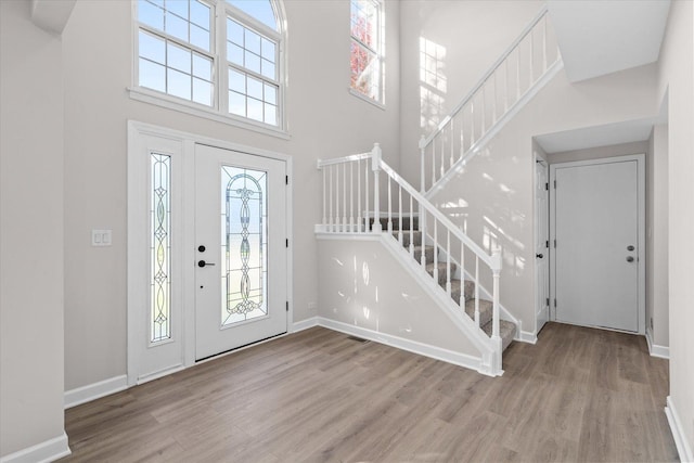 entrance foyer featuring light hardwood / wood-style flooring, a towering ceiling, and a wealth of natural light