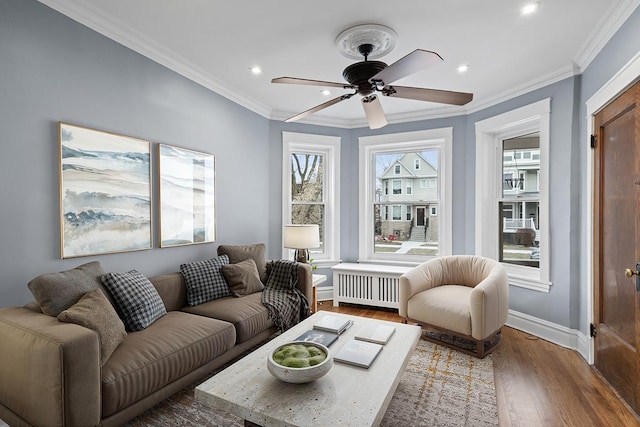 living room with hardwood / wood-style flooring, ornamental molding, radiator, and ceiling fan