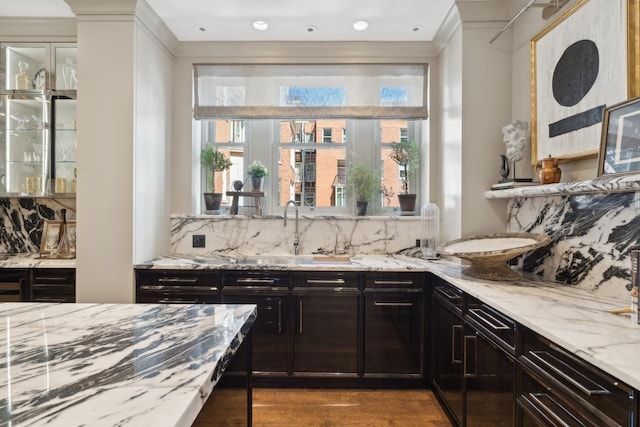 bar featuring tasteful backsplash, dark wood-type flooring, and a sink