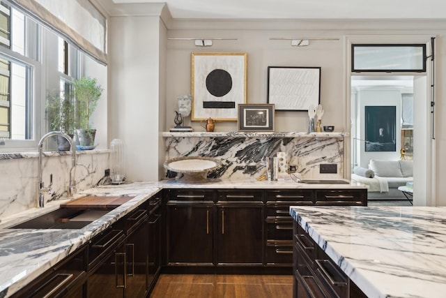 bar featuring dark wood-style floors, a sink, and decorative backsplash