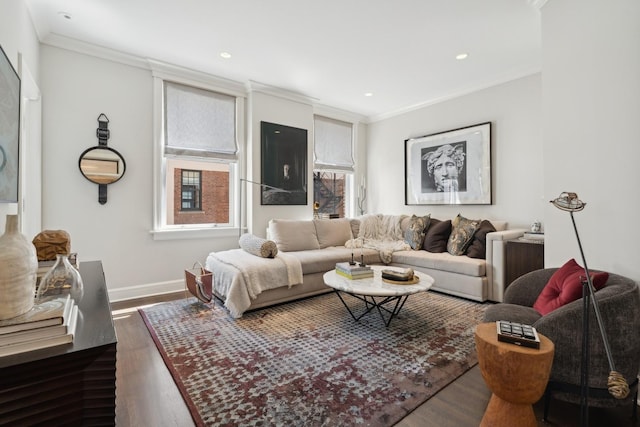 living area featuring crown molding, baseboards, and wood finished floors