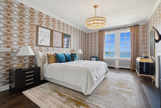 bedroom featuring crown molding, dark wood-type flooring, a water view, and wallpapered walls