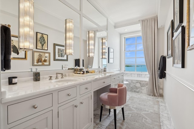 full bath with a water view, a sink, ornamental molding, double vanity, and a tub with marble appearance