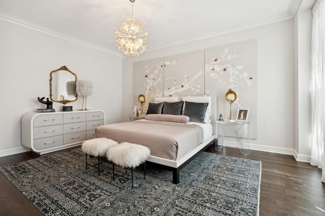 bedroom featuring ornamental molding, a notable chandelier, dark wood finished floors, and baseboards