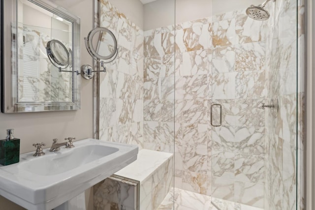 bathroom with a shower stall and a sink