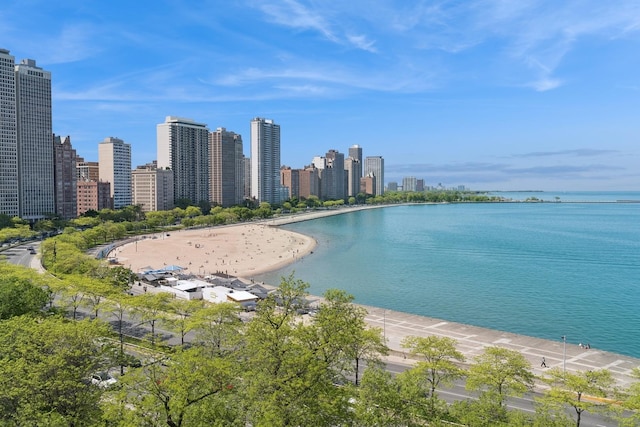 view of water feature with a view of city and a beach view