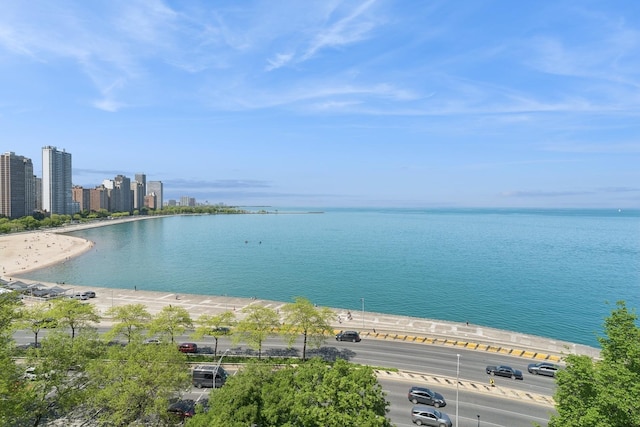 property view of water featuring a view of the beach and a city view