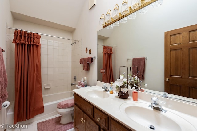 full bathroom with toilet, vanity, shower / bathtub combination with curtain, and tile patterned flooring