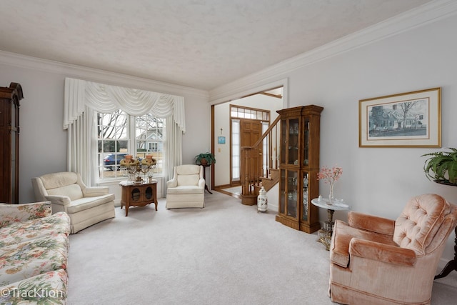 sitting room featuring ornamental molding and carpet flooring