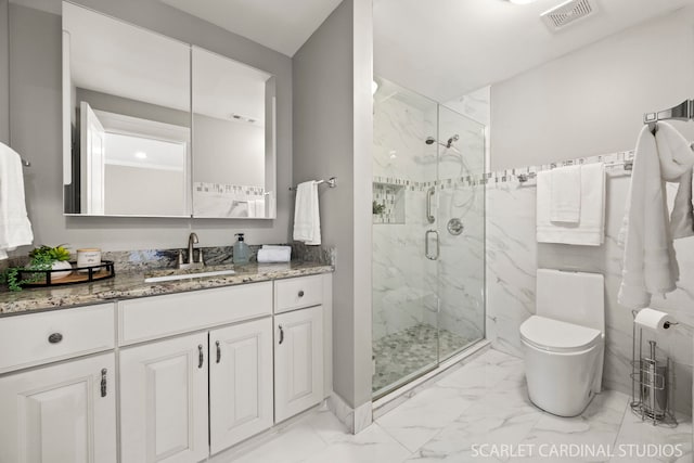 714 Walnut Dr Unit 109, Darien, IL 60561 - full bath with marble finish floor, visible vents, toilet, vanity, and a marble finish shower