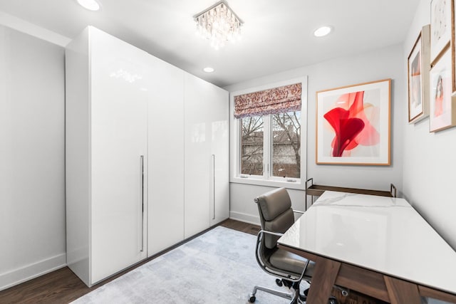 office area featuring baseboards, wood finished floors, and recessed lighting