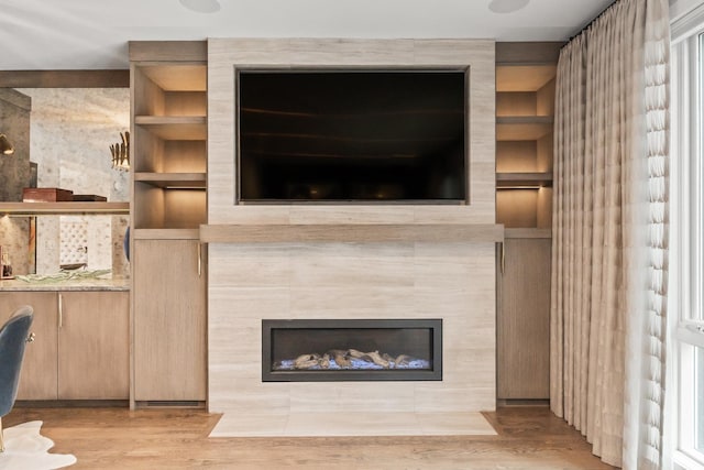 details featuring built in shelves, a fireplace, and wood finished floors