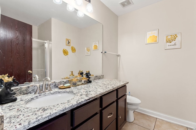 bathroom featuring visible vents, toilet, a shower stall, vanity, and tile patterned flooring