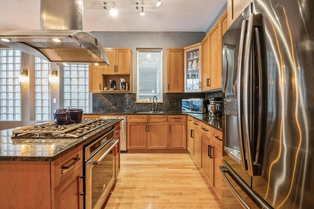 kitchen featuring stainless steel appliances, island range hood, light hardwood / wood-style floors, and dark stone counters