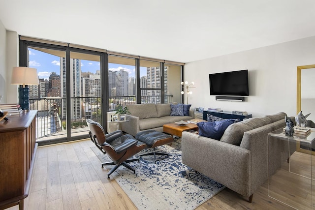 living room featuring expansive windows, a healthy amount of sunlight, and light wood-type flooring