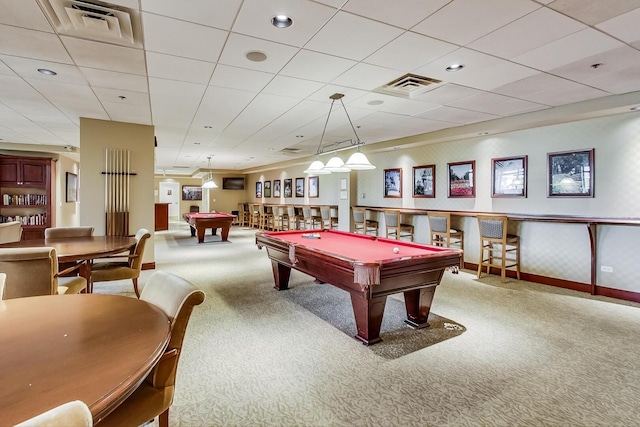 rec room with pool table, visible vents, and carpet flooring