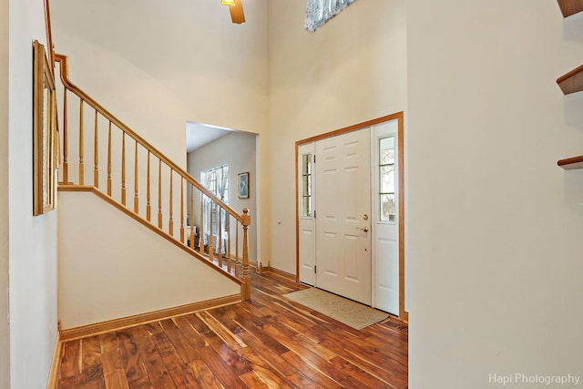 foyer entrance with dark hardwood / wood-style flooring and a high ceiling