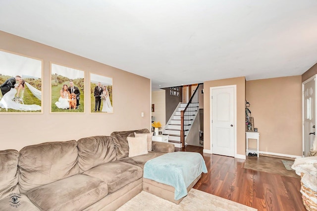 living room featuring dark wood-type flooring