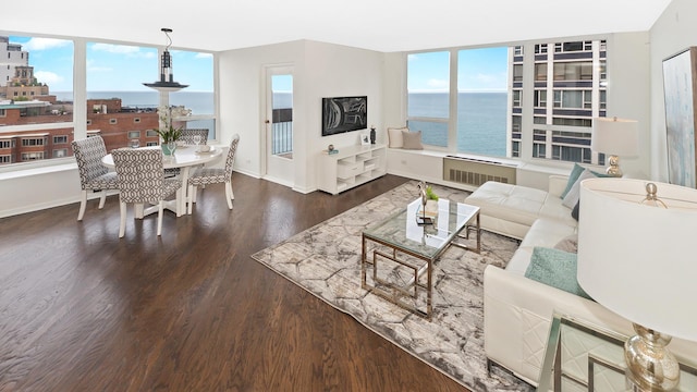 living room featuring a water view, radiator, dark wood-type flooring, and a wealth of natural light