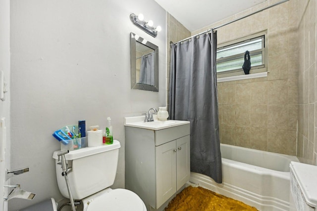 full bathroom with toilet, vanity, and shower / bathtub combination with curtain