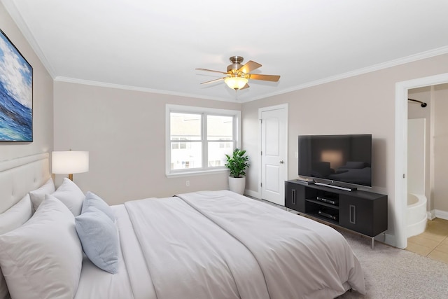 bedroom featuring a ceiling fan, baseboards, crown molding, and light colored carpet