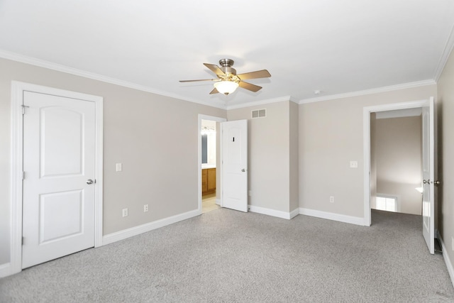 unfurnished bedroom with light carpet, baseboards, visible vents, and ornamental molding