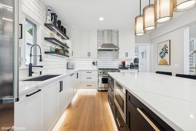 37580 N Fairfield Rd, Lake Villa, IL 60046 - kitchen featuring wall chimney range hood, appliances with stainless steel finishes, open shelves, a sink, and backsplash