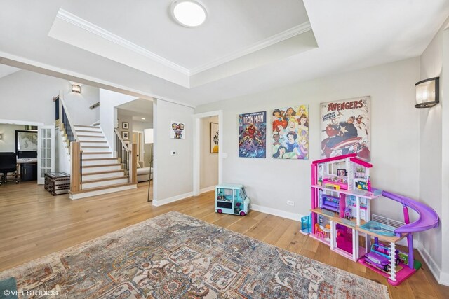 37580 N Fairfield Rd, Lake Villa, IL 60046 - playroom with a tray ceiling, wood finished floors, crown molding, and baseboards
