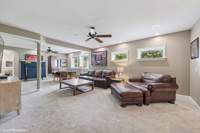 37580 N Fairfield Rd, Lake Villa, IL 60046 - carpeted living room with ceiling fan, arched walkways, recessed lighting, and baseboards