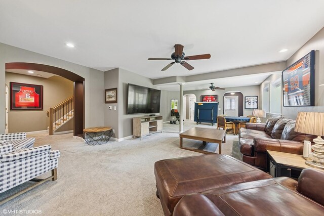 37580 N Fairfield Rd, Lake Villa, IL 60046 - living area featuring arched walkways, a ceiling fan, carpet, baseboards, and stairway