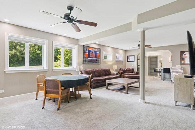37580 N Fairfield Rd, Lake Villa, IL 60046 - living area featuring a ceiling fan, light carpet, recessed lighting, arched walkways, and baseboards