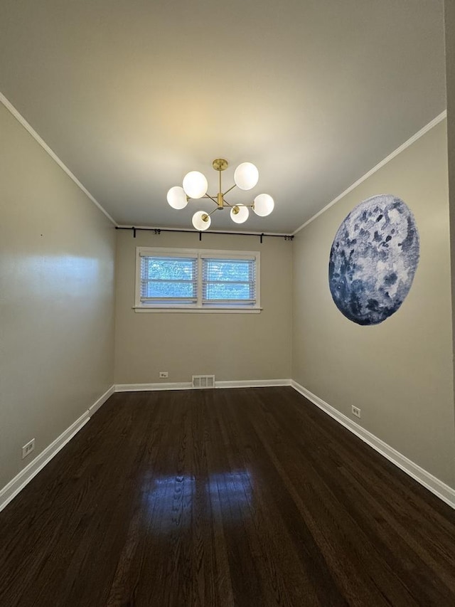 unfurnished dining area featuring vaulted ceiling, ornamental molding, and dark hardwood / wood-style floors