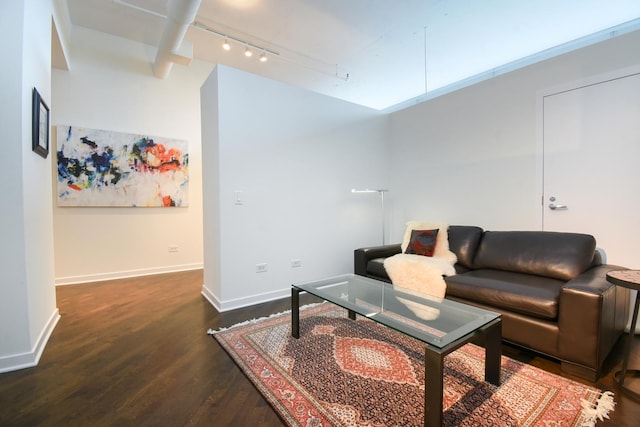 living room featuring track lighting and dark hardwood / wood-style flooring