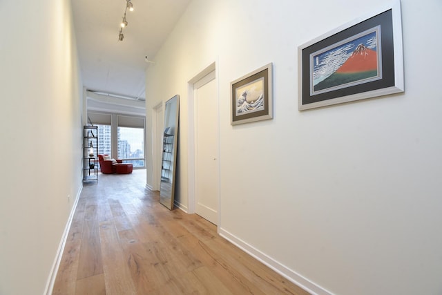 corridor featuring light hardwood / wood-style flooring and rail lighting