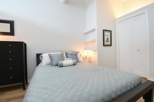 bedroom with hardwood / wood-style floors and a closet