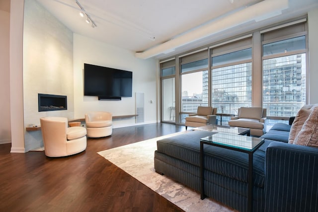 living room featuring hardwood / wood-style flooring, track lighting, and floor to ceiling windows