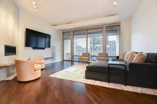 living room featuring hardwood / wood-style flooring, track lighting, and expansive windows