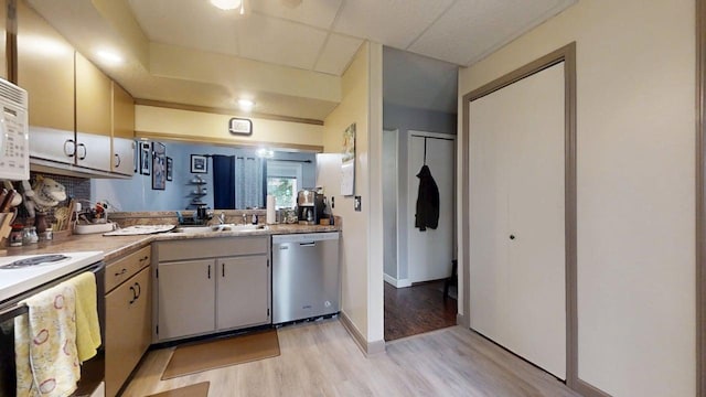 803 Irvine Rd Unit 803, Champaign, IL 61822 - kitchen with dishwasher, white range with electric stovetop, light wood-type flooring, light countertops, and a paneled ceiling