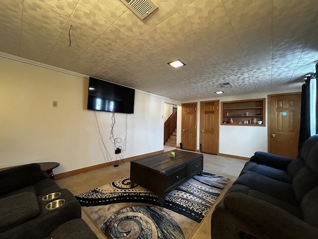 living room with light carpet, stairway, baseboards, and built in features