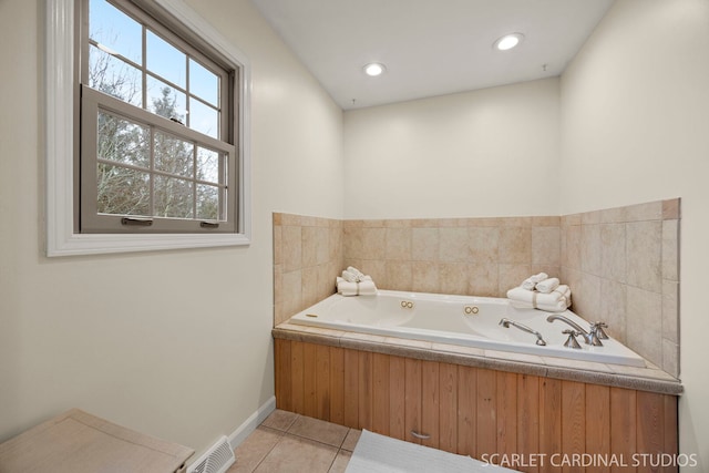 full bathroom featuring tile patterned flooring, a bath, recessed lighting, and visible vents