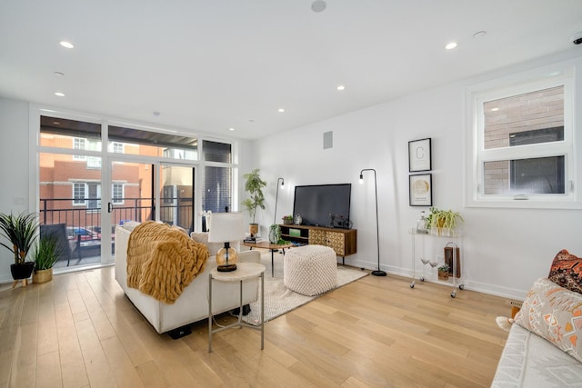 living room featuring floor to ceiling windows and light hardwood / wood-style flooring