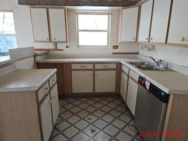 1838 S Springfield Ave Unit A, Chicago, IL 60623 - kitchen featuring stainless steel dishwasher, a healthy amount of sunlight, sink, and white cabinets