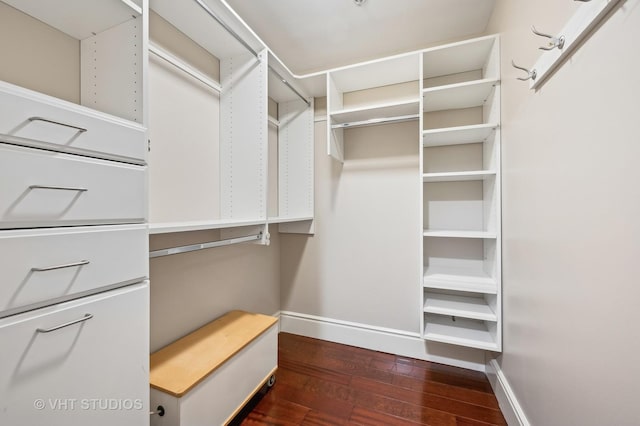 walk in closet with dark wood-type flooring