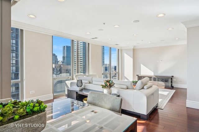 living room featuring a view of city, recessed lighting, baseboards, and wood-type flooring