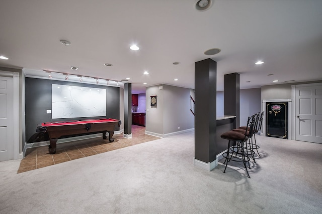 recreation room with pool table and light colored carpet