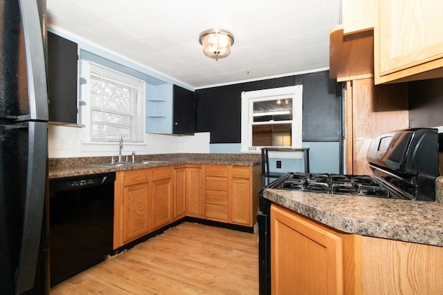 kitchen featuring sink, light hardwood / wood-style floors, and black appliances