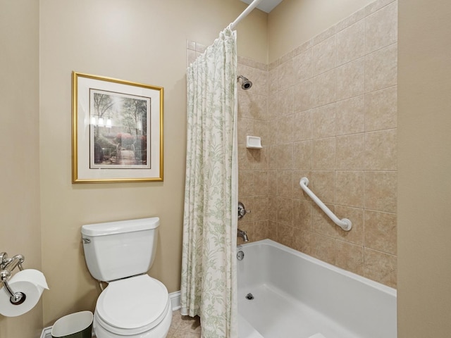 bathroom with shower / bathtub combination with curtain, toilet, and tile patterned flooring