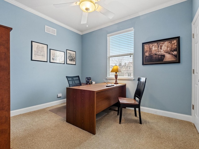 office with crown molding, ceiling fan, and light carpet